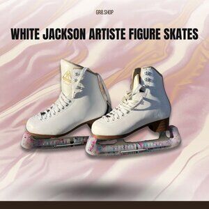 White Jackson Artiste Figure Skates Size 3 With Colorful Blade Guards & Leather